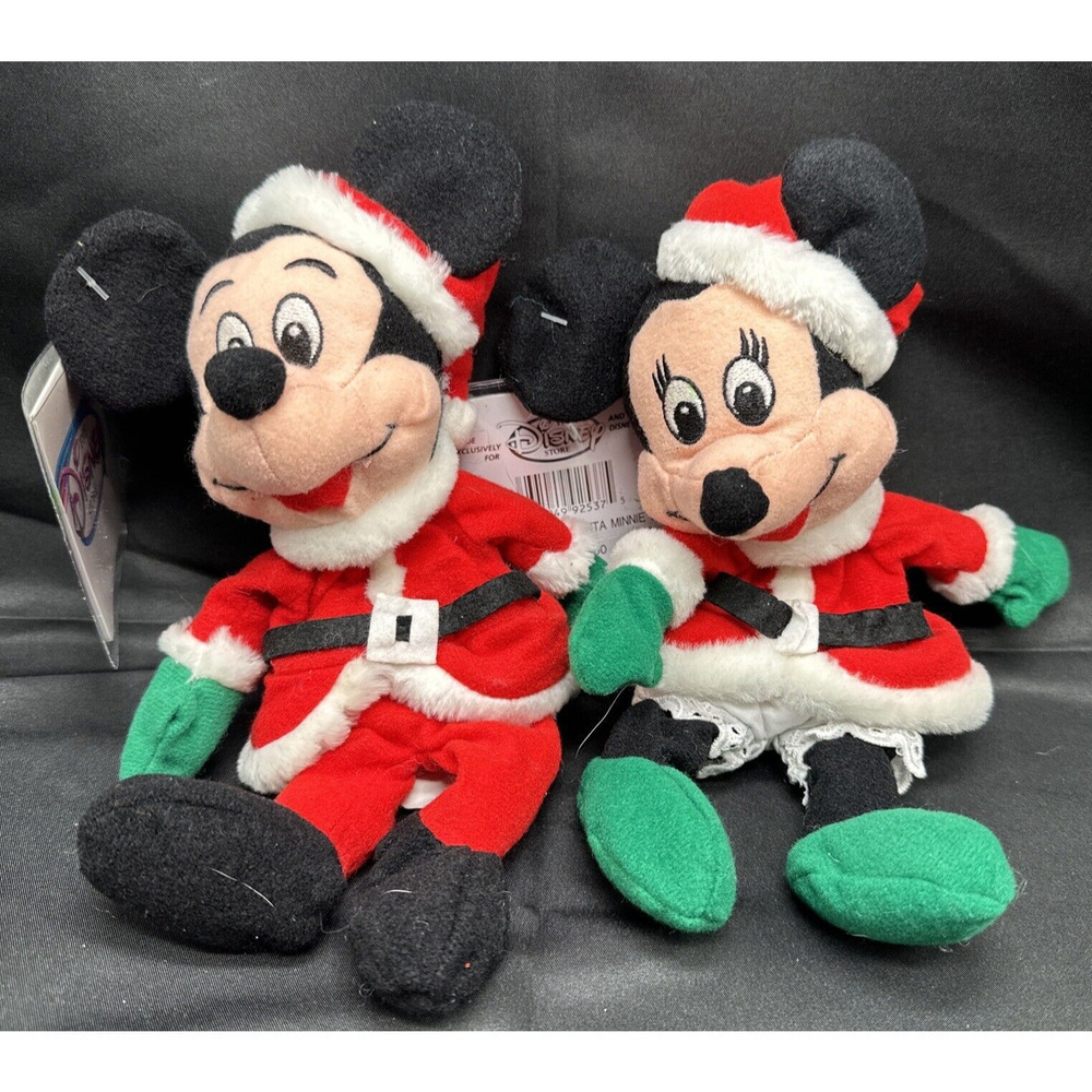 Mickey & Minnie Mouse Santa Disney Store Mini Bean Bag Plush 7" with Tags